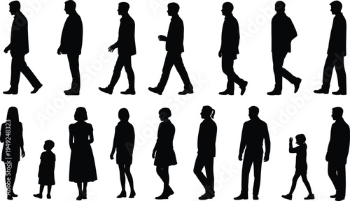 Cartoon people silhouettes collection with men, women, and children in diverse standing and walking poses