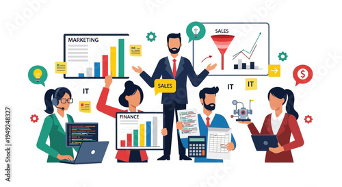 Business people working together with marketing finance and sales data