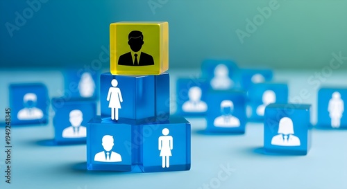 A clear stack of luminous blue and yellow cubes with person icons symbolizes a robust organizational hierarchy.