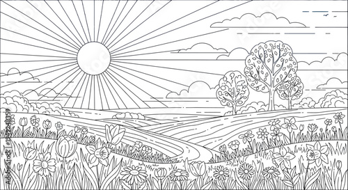 This intricate line art illustration provides a wonderful coloring page experience, featuring a peaceful countryside scene with blooming flowers, lush fields, a radiant sun, and distant trees.