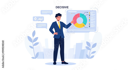 Businessman presenting data on pie chart to colleagues in meeting