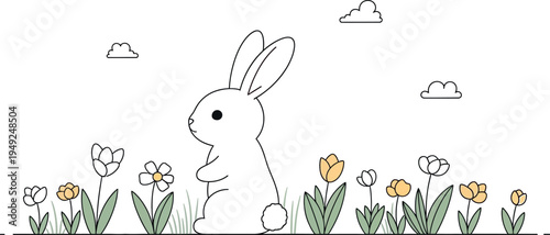 A charming white cartoon rabbit illustration sitting peacefully among delightful spring flowers and vibrant green grass under fluffy clouds in a minimalist line art style vector graphic design.