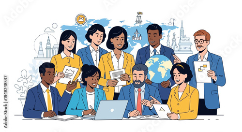 Diverse business team working together on global project with laptop and documents