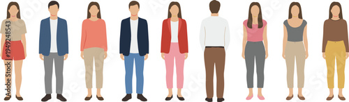 Cartoon people standing silhouettes collection with diverse casual and semi‑casual clothing styles for group identity design