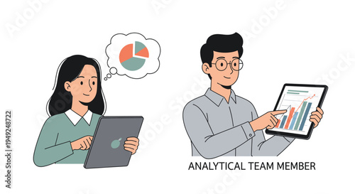 Analytical team members working with digital devices and analyzing data