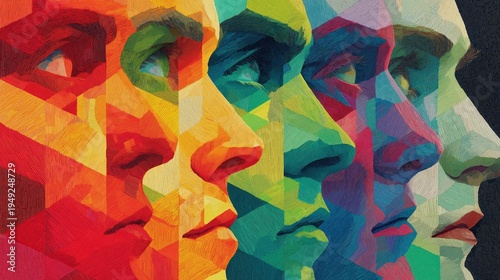 Colorful geometric profile portraits of five faces in a row, blending vibrant hues with sharp angles and textured patterns.