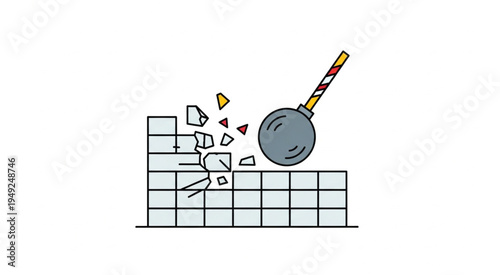 Wrecking Ball Demolishing a Brick Wall - Concept of Destruction and Change.