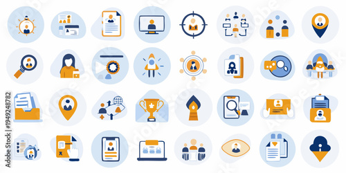 Collection of blue and orange business and technology related icons