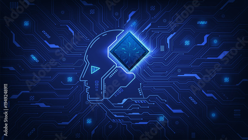 Artificial intelligence brain robot head chipset on a circuit board background. AI with a digital brain. Artificial neural network. Futuristic technology background. Vector illustration.