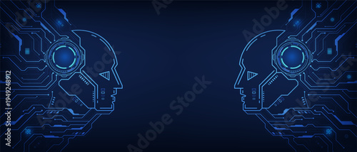 Two robots look into each other's faces. Humanoid robot with an AI brain and circuit. Artificial intelligence and machine learning. Artificial neural network. Tech background. Vector illustration.