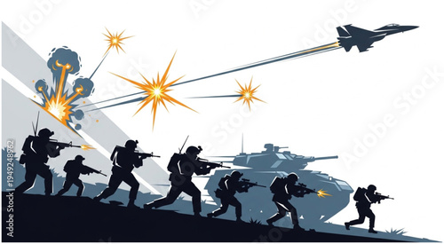 Silhouetted Soldiers in Combat with Tank and Jet Support.