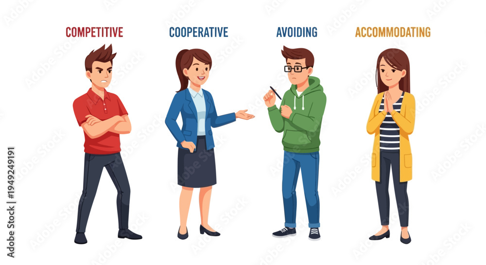 Obraz premium Conflict resolution styles Competitive Cooperative Avoiding Accommodating
