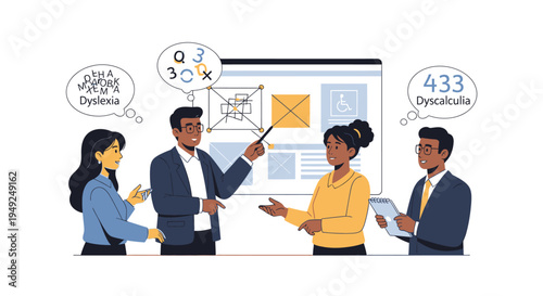 Diverse group discussing dyslexia and dyscalculia in meeting