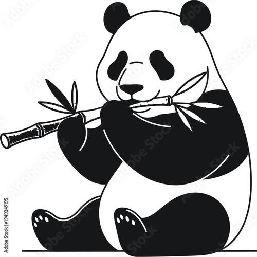 A charming giant panda illustration happily sitting down and enjoying a fresh green bamboo shoot, showcasing the iconic diet of this beloved wild animal in a clean, minimalist style graphic.