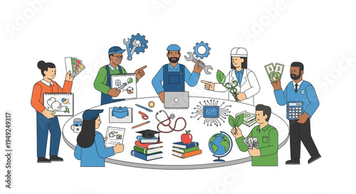 Diverse professionals discussing education and innovation around a table