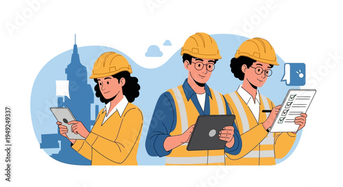 Three construction workers with digital devices and checklist