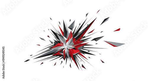 Abstract Explosion of Red, Black, and Gray Shards on White.