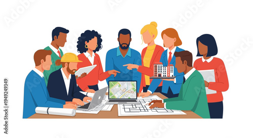 Diverse group of people working together on architectural project
