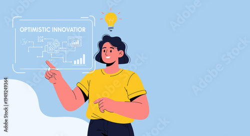 Cartoon person pointing at optimistic innovation concept with light bulb