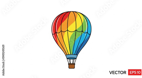 Colorful Hot Air Balloon Illustration with Rainbow Stripes and Basket.