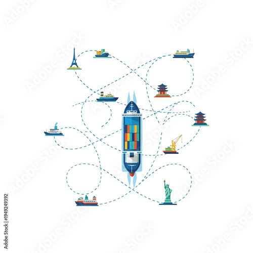 Global cargo ship with dotted lines connecting famous landmarks and other ships, illustrating worldwide shipping routes and international trade.