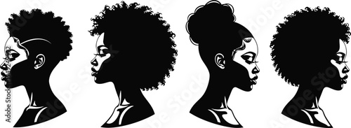 Collection of four African American female head profile silhouettes featuring natural afro hair textures and stylish buns isolated on white