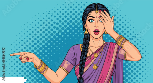 Pop art illustration of surprised woman in purple sari, pink clothing, long braided hair, gold jewelry, turquoise halftone background, comic style,