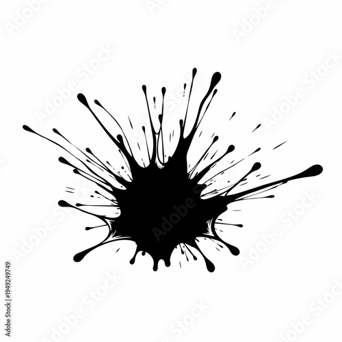 Abstract black ink splash with artistic splatter effect. An isolated vector ink blot on the background