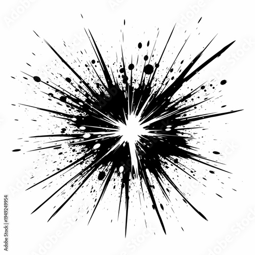 An abstract artistic black ink explosion on white surface, creating a dynamic visual effect. The splattered ink pattern radiates from a central point, showcasing sharp lines and contrasting textures