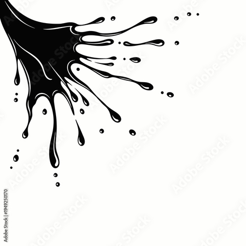 An abstract black splash design, creating a dynamic visual effect. It features a corner of black liquid, droplets, and splashes.
