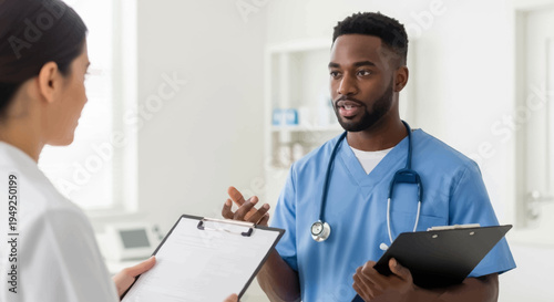 African American male doctor talking to female nurse in hospital