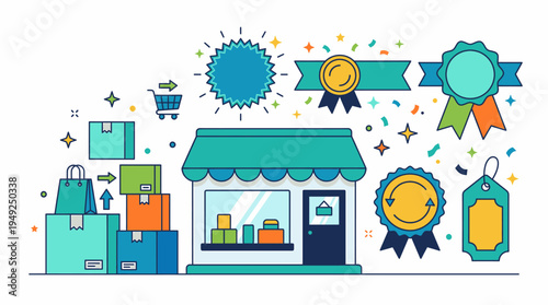 Illustration of a Store with Shopping Bags and Boxes During a Sale Event