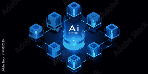Abstract isometric illustration of artificial intelligence network and data storage