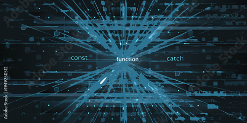 Abstract digital explosion of code and data streams in teal hues