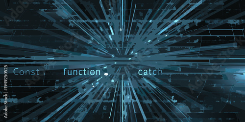 Abstract digital tunnel with glowing lines and code fragments