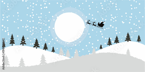 Santa claus and reindeer silhouetted against a full moon in winter