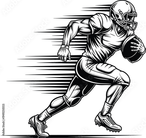 American football player sprinting with ball, black and white vector illustration of fast runner athlete, dynamic sports mascot logo design with motion speed lines