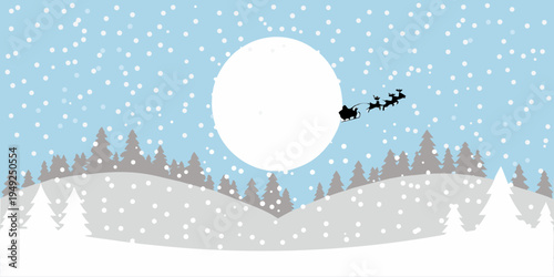 Winter landscape with santa claus and reindeer silhouetted against the moon