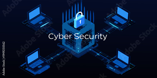 Cyber security concept with laptops a lock and data connections