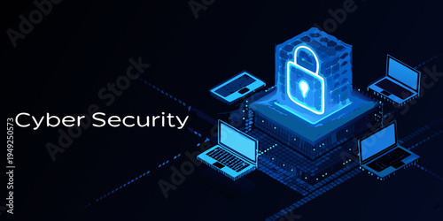 Cyber security concept with glowing lock above digital devices