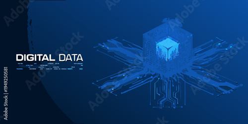 Abstract digital data cube with glowing lines and circuit board elements