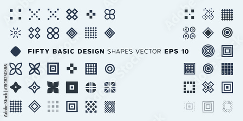 Collection of fifty basic geometric shapes in a dark blue palette