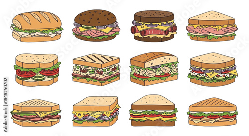 Sandwich Collection Vector Set with Deli Sub Chicken Salad Ham Cheese Sandwiches