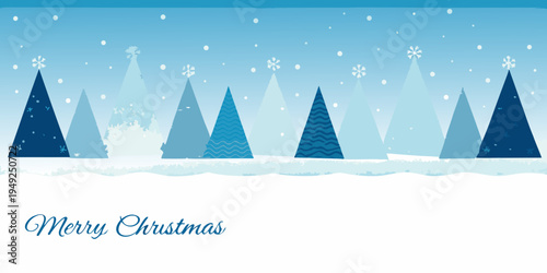 A serene winter landscape featuring stylized blue christmas trees