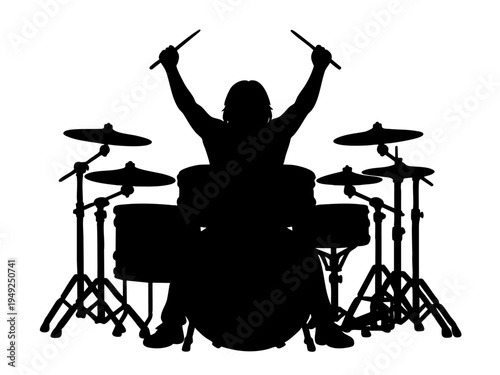 Black silhouette of drummer playing drum kit with raised drumsticks in full length front view isolated on transparent background. Live music performance, rock concert stage and band musician