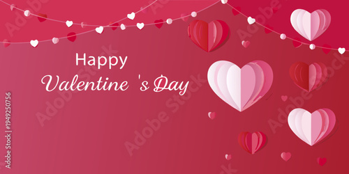 Happy valentine s day with hearts and string lights on red background