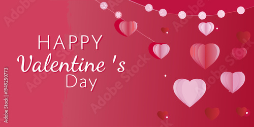 Festive valentine s day greeting with paper hearts and red background
