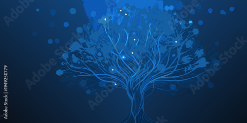 Abstract blue tree with glowing lights against a dark background
