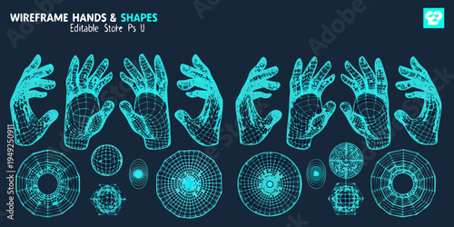 Geometric hands and circles a vibrant wireframe design illustration