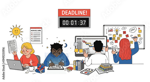 Team working under tight deadline with stress and time running out